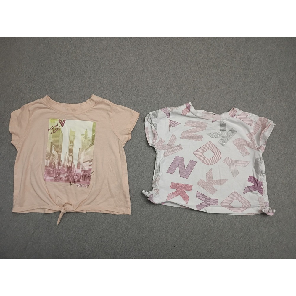 DKNY Girls 4T T-Shirt Lot 2 Peach Graphic Tie Front White All Over Logo Print